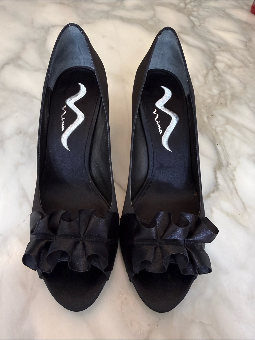 Nina Black Satin Ruffle Peep-Toe Heels